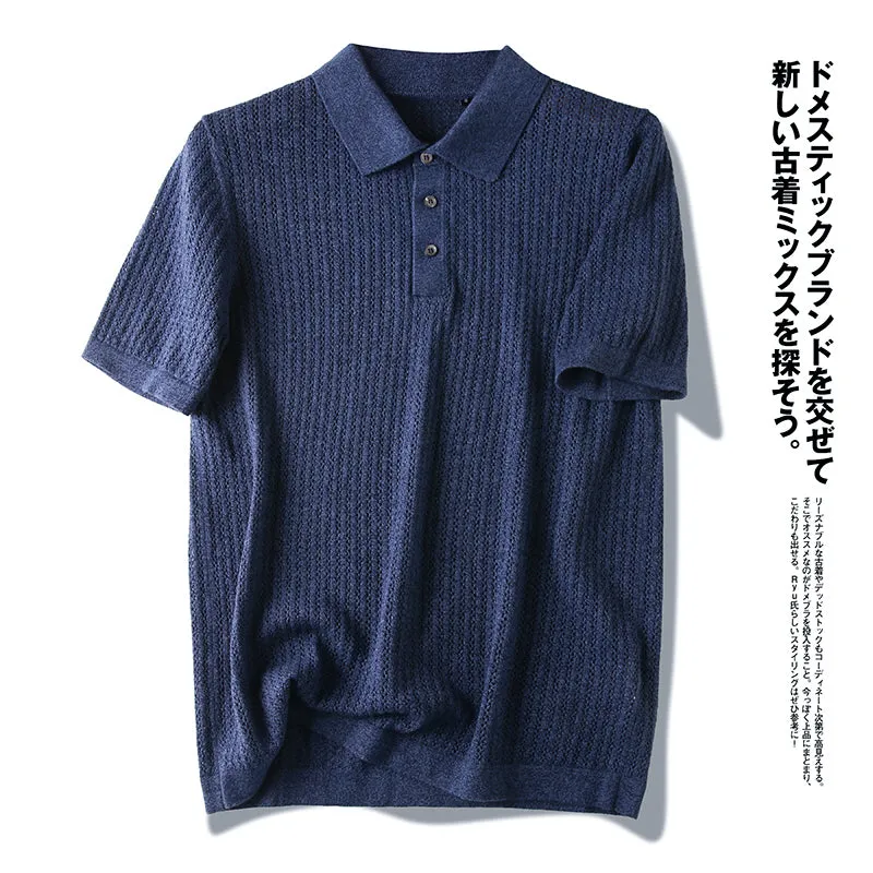 Cashmere   cotton! Italian single men's thin hollowed-out knitted short-sleeved Polo shirt summer