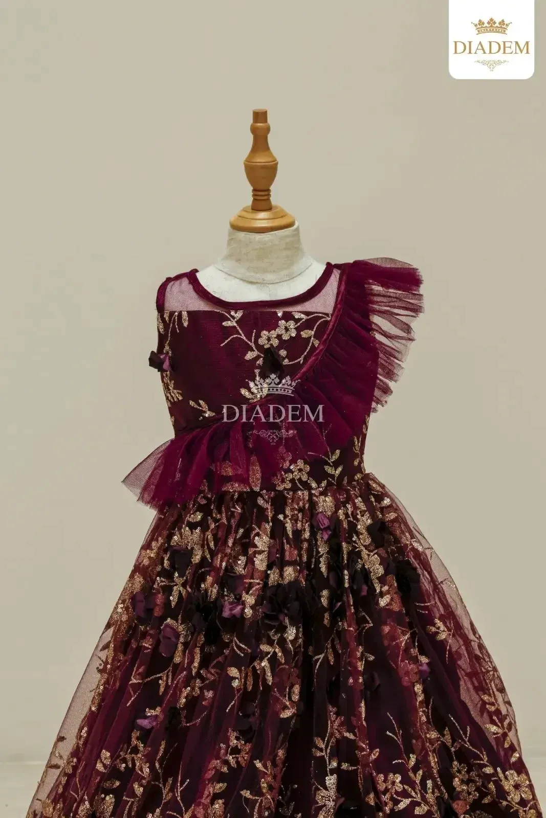 Dark Purple Gown Adorned in Glitters Floral Design