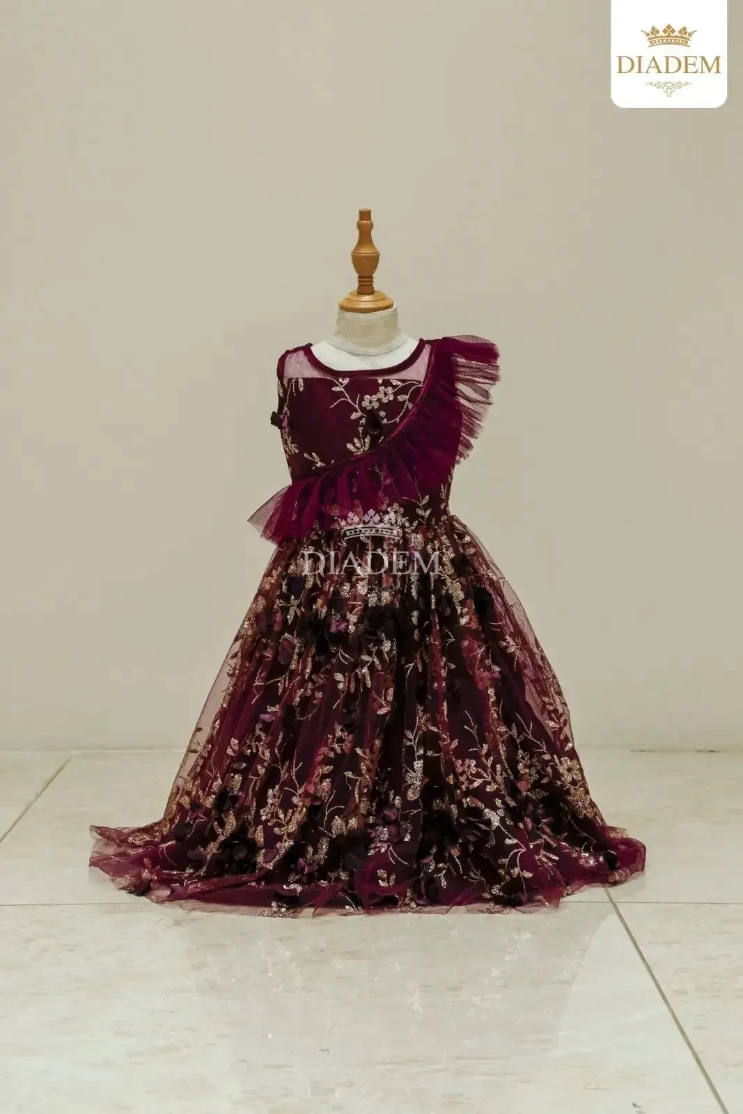 Dark Purple Gown Adorned in Glitters Floral Design