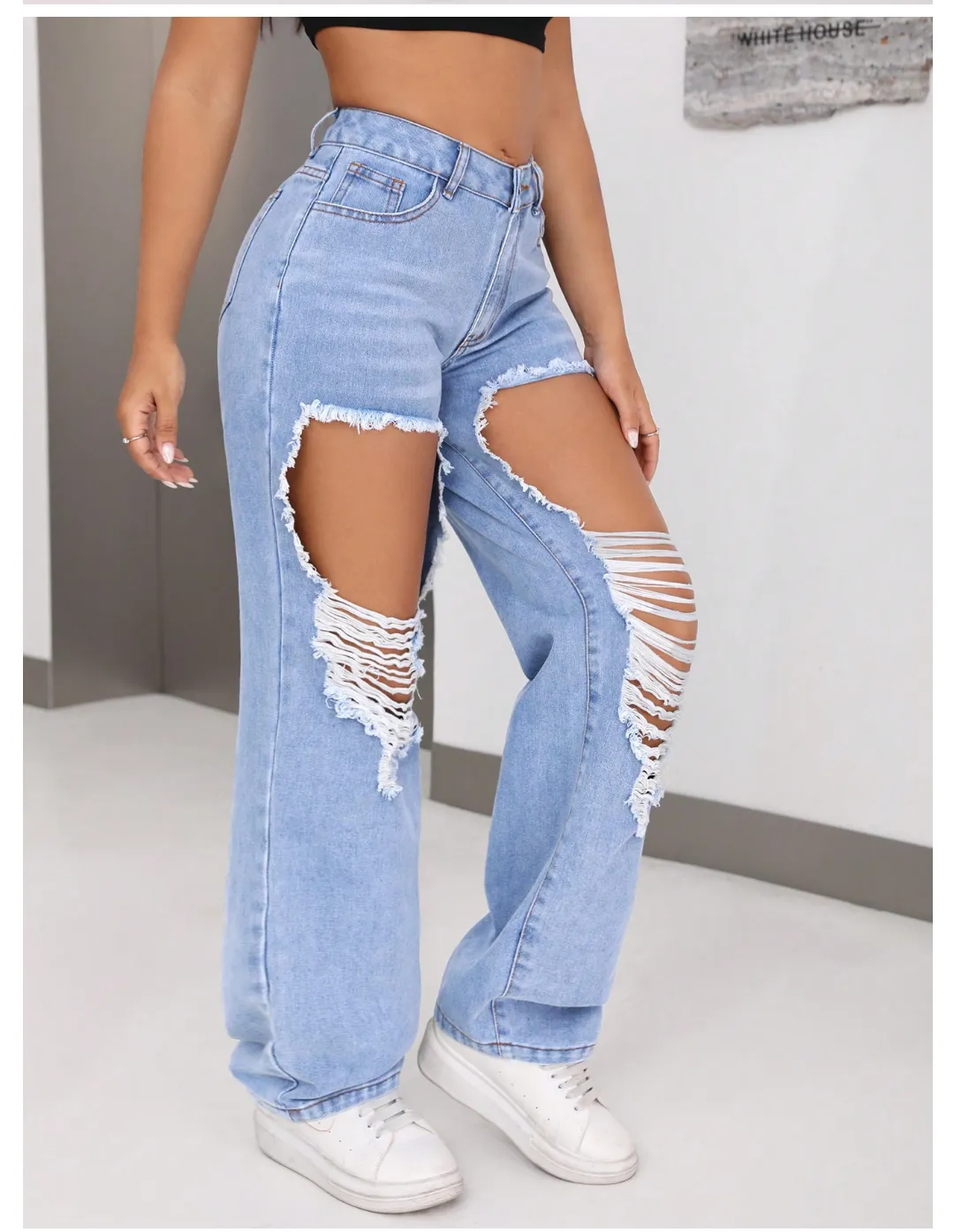 Women Clothing Holes Denim Trousers