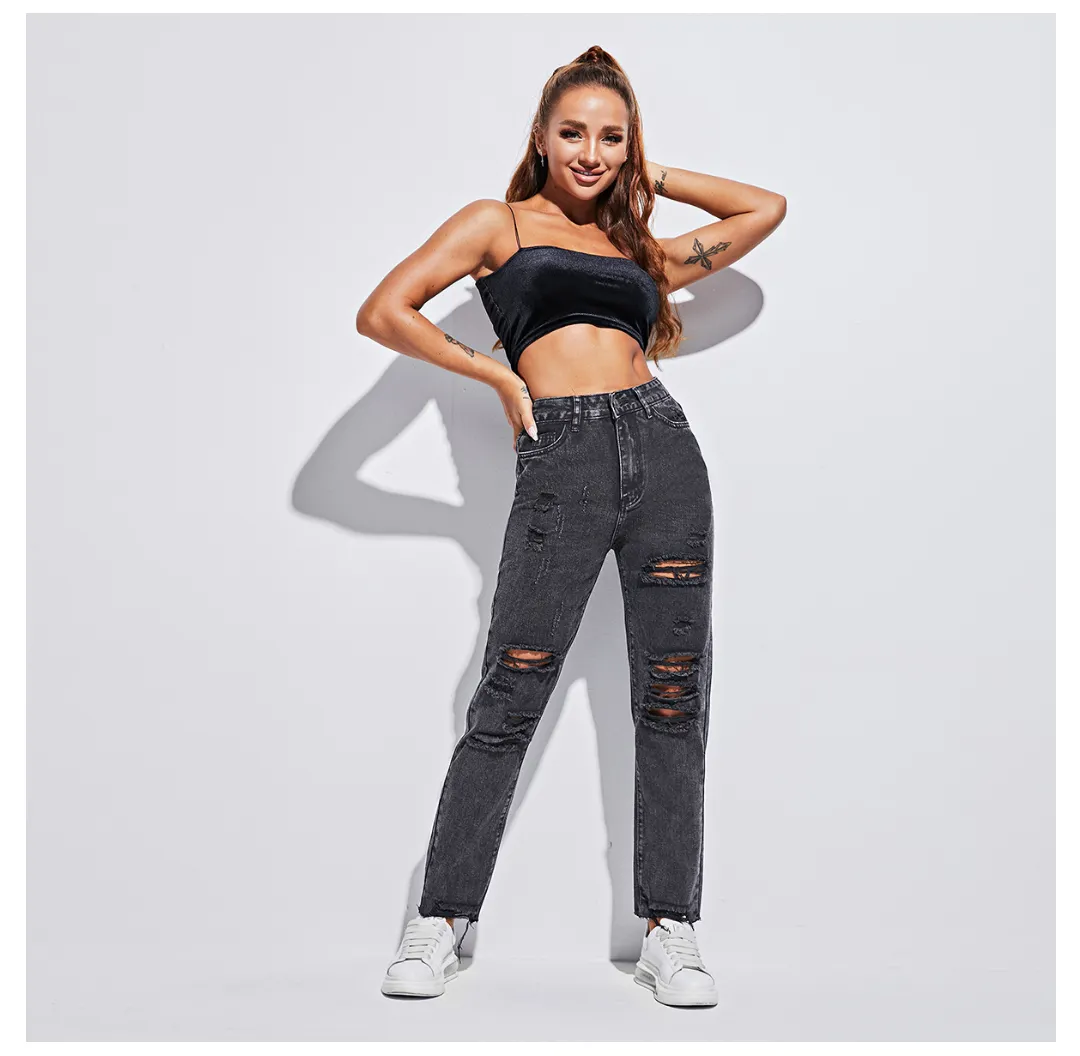 Women Clothing Loose Hole Slimming Denim Pants