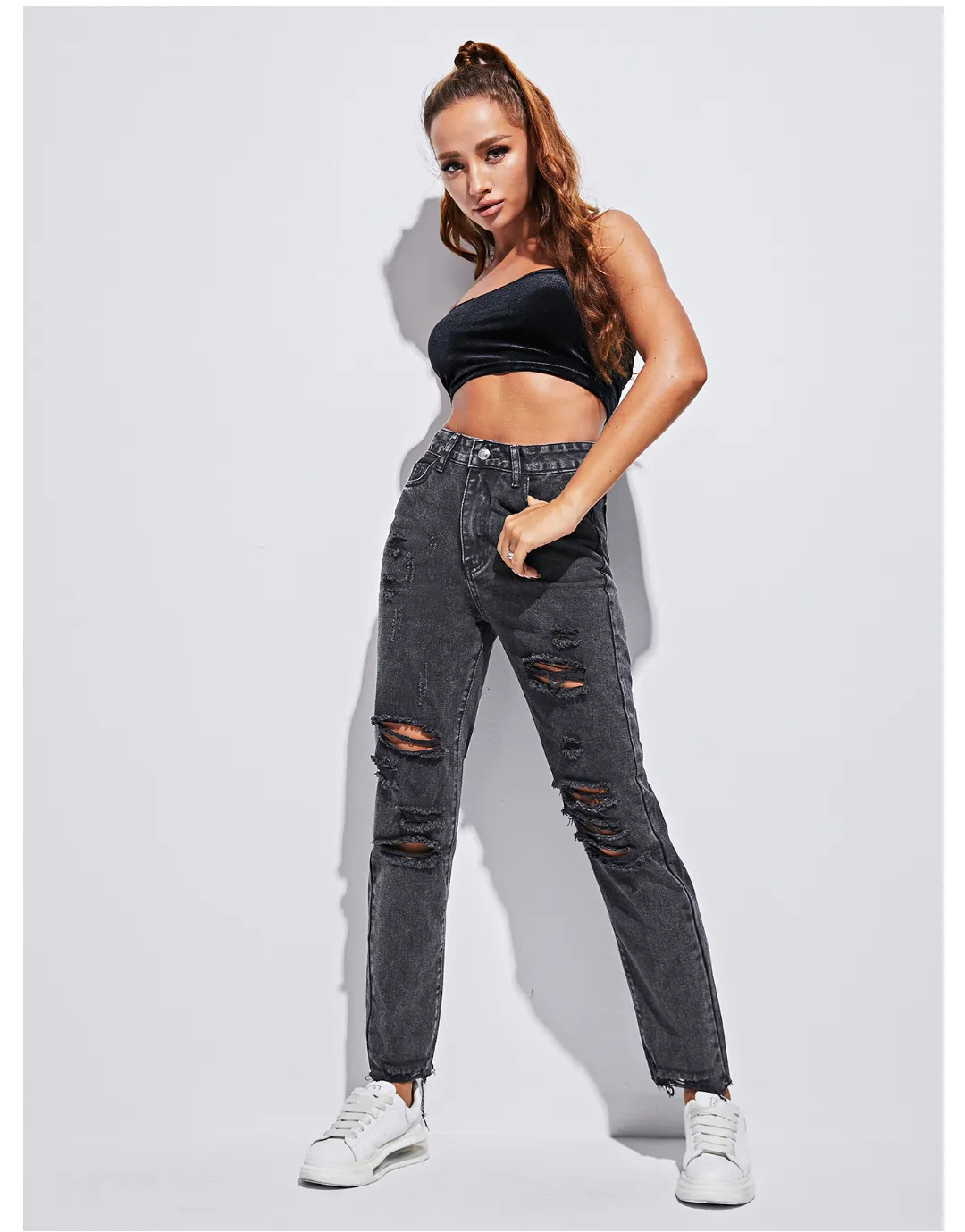 Women Clothing Loose Hole Slimming Denim Pants