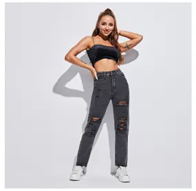 Women Clothing Loose Hole Slimming Denim Pants